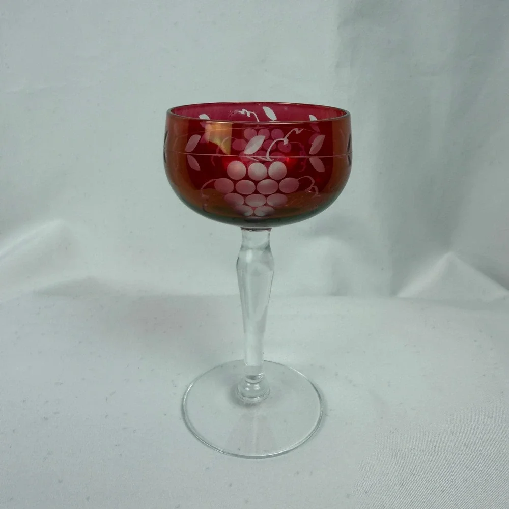 Vintage Cranberry Glass Cordial Set 6 Red Etched Grape Vine Clear Stem Barware